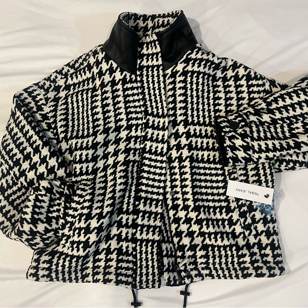 Black & White Houndstooth Bomber Jacket with Funnel Neck